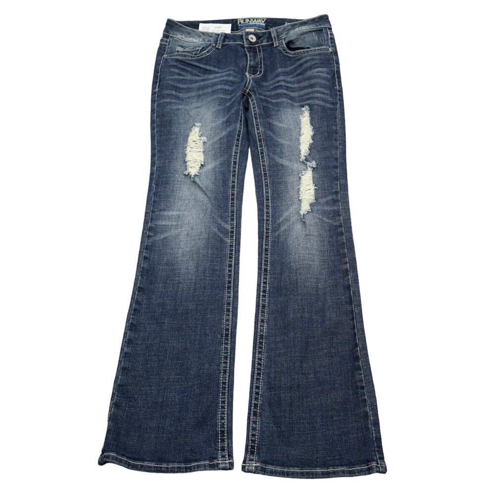 Runaway Pants Womens 6 Blue Bootcut Low Rise Distress Zip Dark Wash Denim Jeans